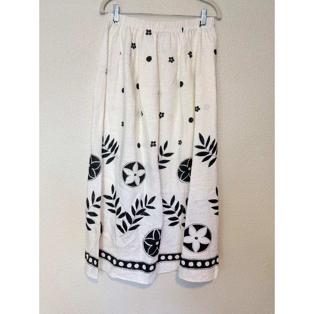 Hot Cotton Marc Ware 100% Linen Midi Skirt Medium White Black Floral Woodblock